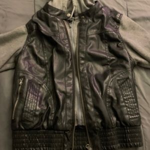 Black Leather Jacket with hood and Grey Sleeves